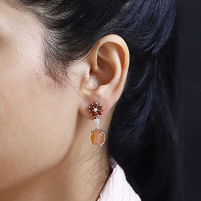 Peach Moonstone and Multi Gemstone Floral Earrings in Platinum Over Sterling Silver 9.40 ctw