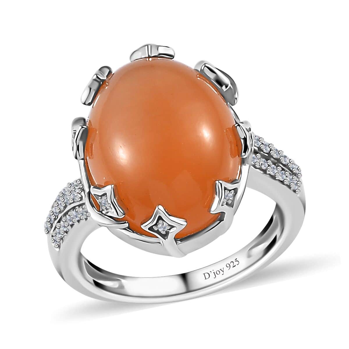 Peach Moonstone and White Zircon Celestial Ring in Platinum Over Sterling Silver (Size 10.0) 10.10 ctw image number 0