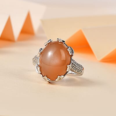Peach Moonstone and White Zircon Celestial Ring in Platinum Over Sterling Silver (Size 10.0) 10.10 ctw