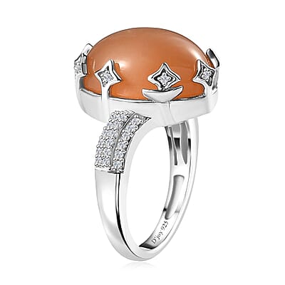 Peach Moonstone and White Zircon Celestial Ring in Platinum Over Sterling Silver (Size 10.0) 10.10 ctw