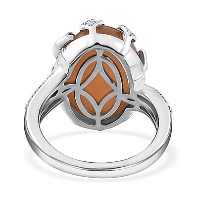 Peach Moonstone and White Zircon Celestial Ring in Platinum Over Sterling Silver (Size 10.0) 10.10 ctw