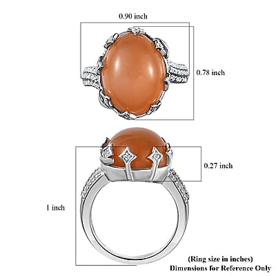 Peach Moonstone and White Zircon Celestial Ring in Platinum Over Sterling Silver (Size 10.0) 10.10 ctw