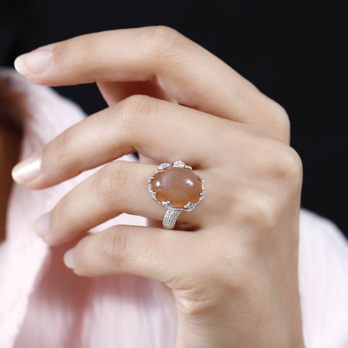 Peach Moonstone and White Zircon Celestial Ring in Platinum Over Sterling Silver (Size 5.0) 10.10 ctw image number 2