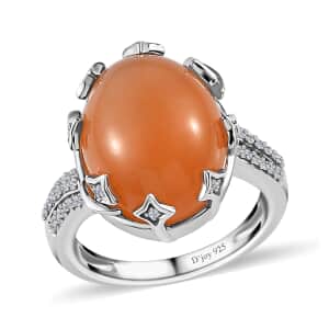 Peach Moonstone and White Zircon Celestial Ring in Platinum Over Sterling Silver (Size 7.0) 10.10 ctw