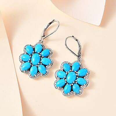 Sleeping Beauty Turquoise 9.60 ctw Solitaire Lever Back Earrings in Platinum Over Sterling Silver