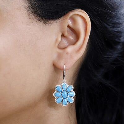 Sleeping Beauty Turquoise 9.60 ctw Solitaire Lever Back Earrings in Platinum Over Sterling Silver