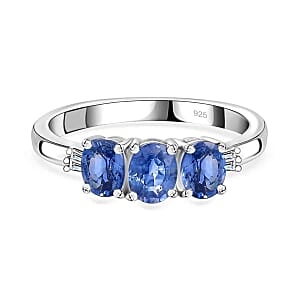 Blue Ceylon Sapphire and Diamond 1.44 ctw 3 Stone Ring in Rhodium Over Sterling Silver (Size 6.5)