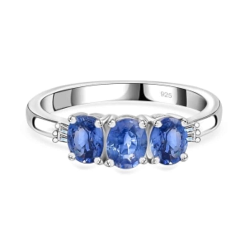 Blue Ceylon Sapphire and Diamond 1.44 ctw 3 Stone Ring in Rhodium Over Sterling Silver (Size 6.5)