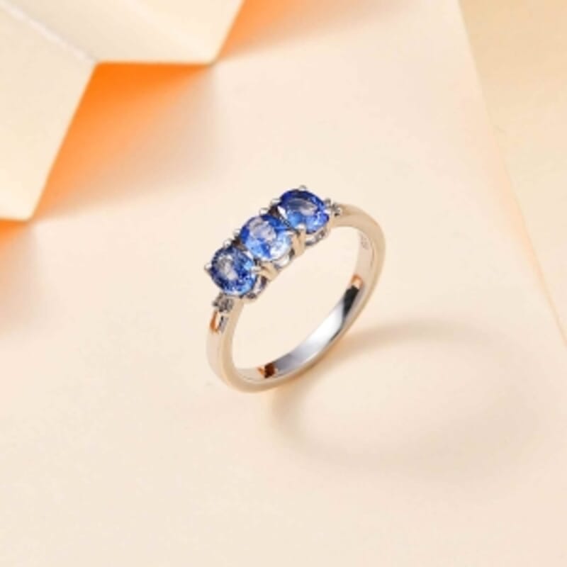 Blue Ceylon Sapphire and Diamond 1.44 ctw 3 Stone Ring in Rhodium Over Sterling Silver (Size 6.5)
