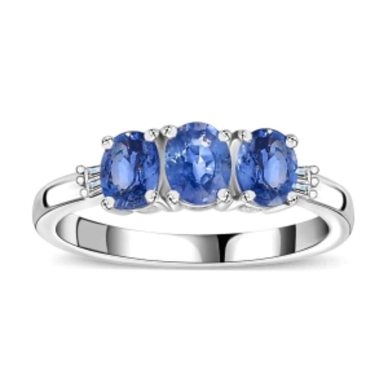 Blue Ceylon Sapphire and Diamond 1.44 ctw 3 Stone Ring in Rhodium Over Sterling Silver (Size 6.5)