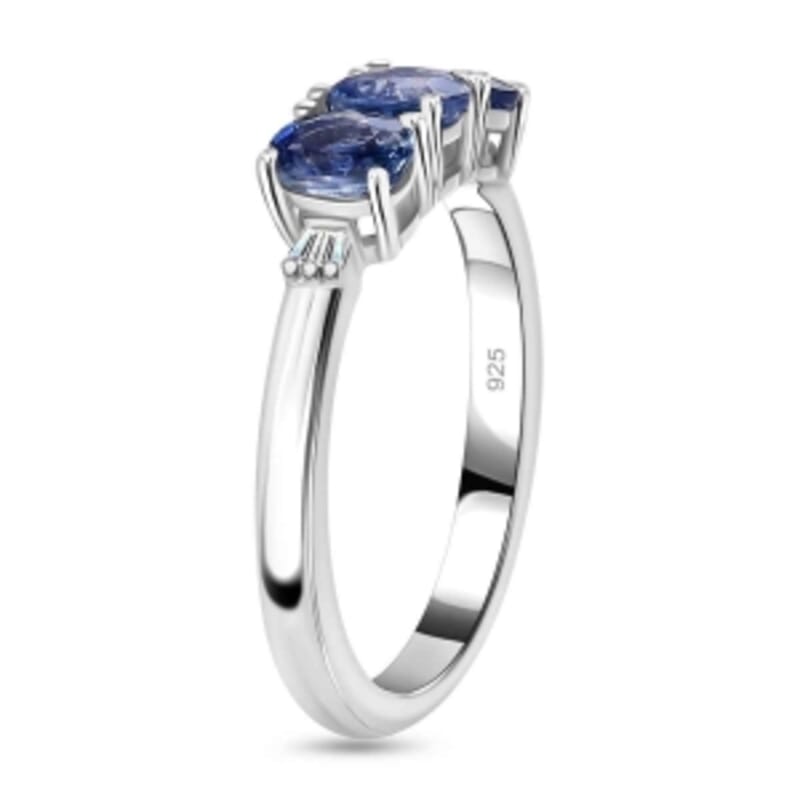 Blue Ceylon Sapphire and Diamond 1.44 ctw 3 Stone Ring in Rhodium Over Sterling Silver (Size 6.5)
