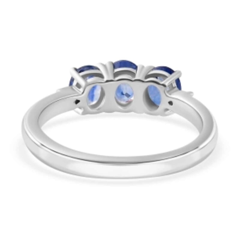Blue Ceylon Sapphire and Diamond 1.44 ctw 3 Stone Ring in Rhodium Over Sterling Silver (Size 6.5)