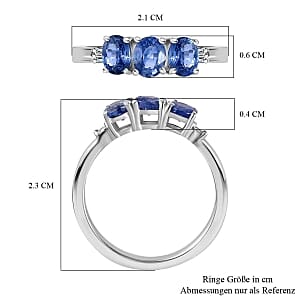 Blue Ceylon Sapphire and Diamond 1.44 ctw 3 Stone Ring in Rhodium Over Sterling Silver (Size 6.5)