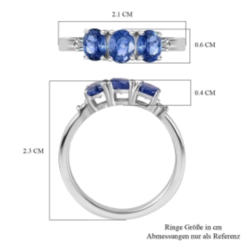 Blue Ceylon Sapphire and Diamond 1.44 ctw 3 Stone Ring in Rhodium Over Sterling Silver (Size 6.5)