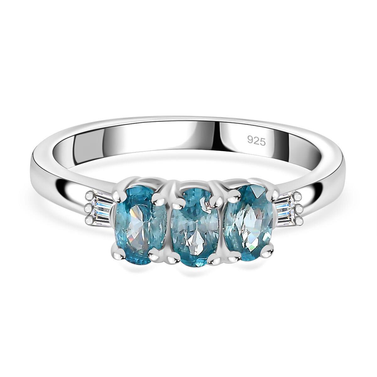 Blue Zircon and White Diamond 1.43 ctw Ring in Rhodium Over Sterling Silver (Size 10.0)