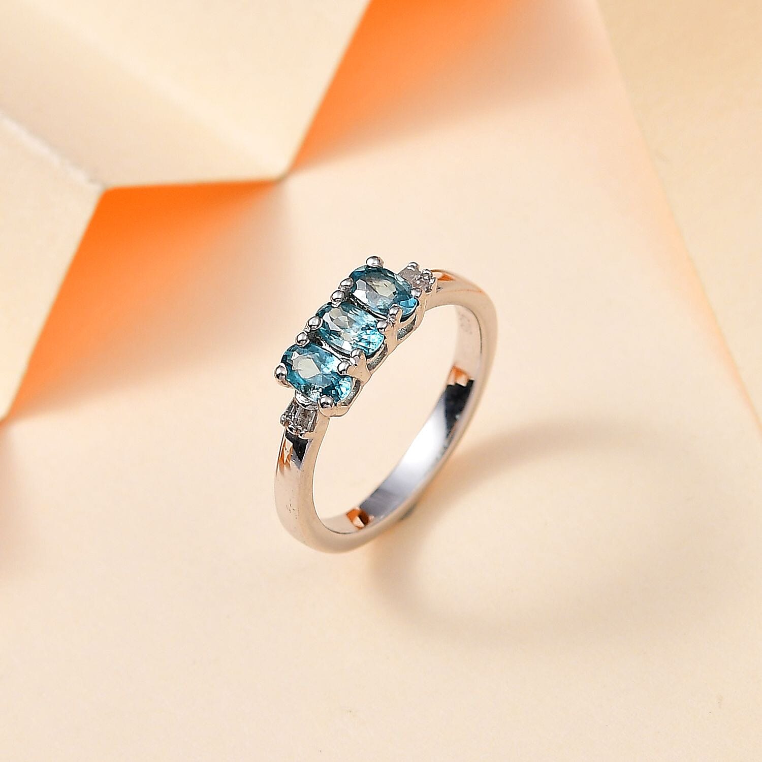 Blue Zircon and White Diamond 1.43 ctw Ring in Rhodium Over Sterling Silver (Size 10.0)