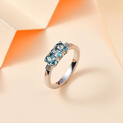 Blue Zircon and White Diamond 1.43 ctw Ring in Rhodium Over Sterling Silver (Size 10.0)