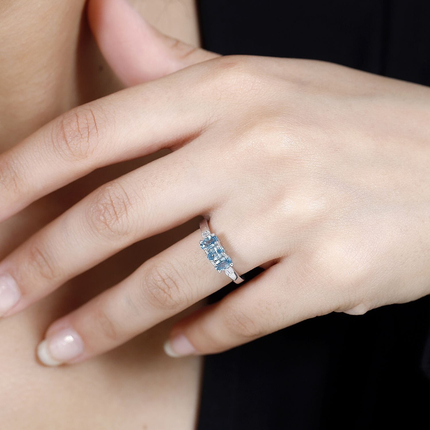 Blue Zircon and White Diamond 1.43 ctw Ring in Rhodium Over Sterling Silver (Size 10.0)