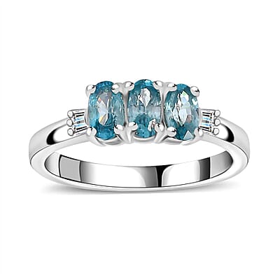 Blue Zircon and White Diamond 1.43 ctw Ring in Rhodium Over Sterling Silver (Size 10.0)