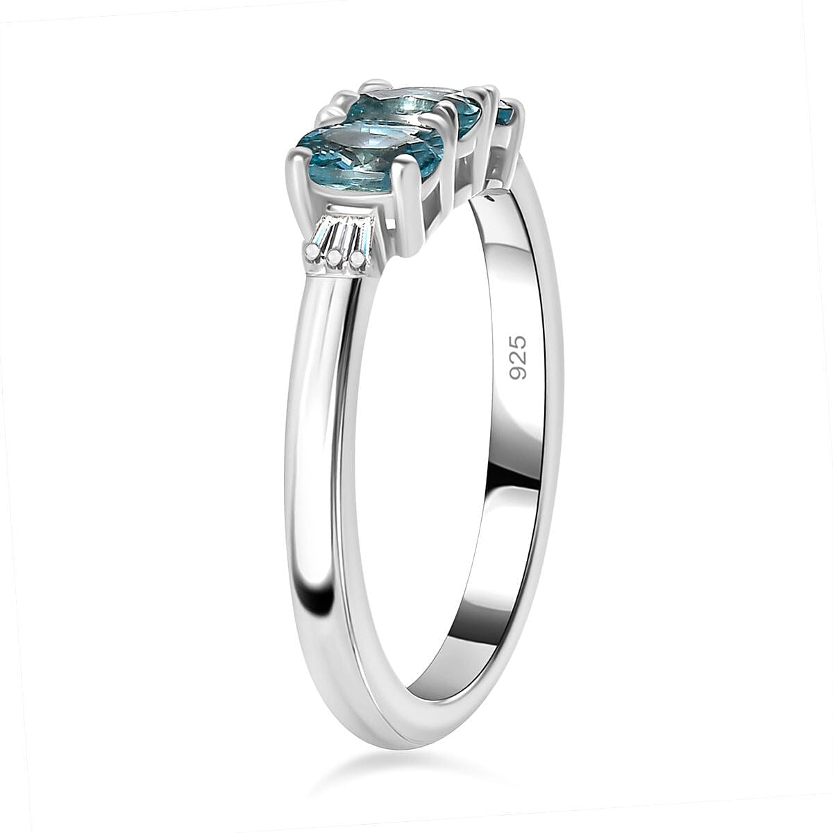 Blue Zircon and White Diamond 1.43 ctw Ring in Rhodium Over Sterling Silver (Size 10.0)