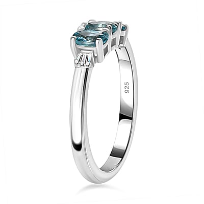 Blue Zircon and White Diamond 1.43 ctw Ring in Rhodium Over Sterling Silver (Size 10.0)