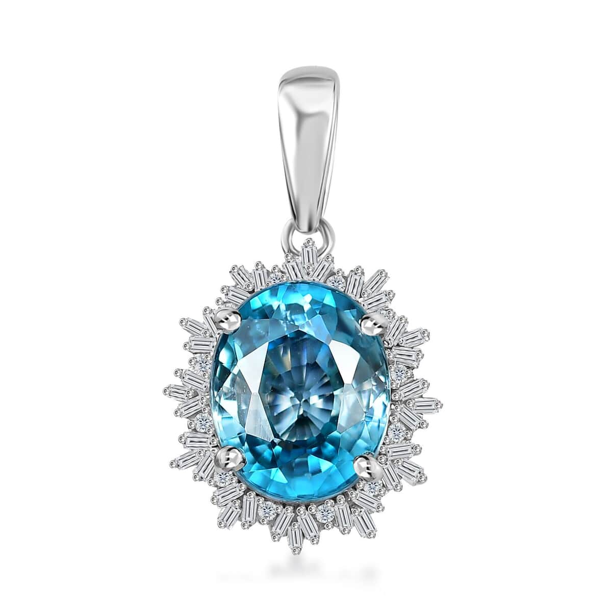 Luxoro 14K White Gold AAA Cambodian Blue Zircon and G-H I2 Diamond Sunburst Pendant 5.90 ctw image number 0