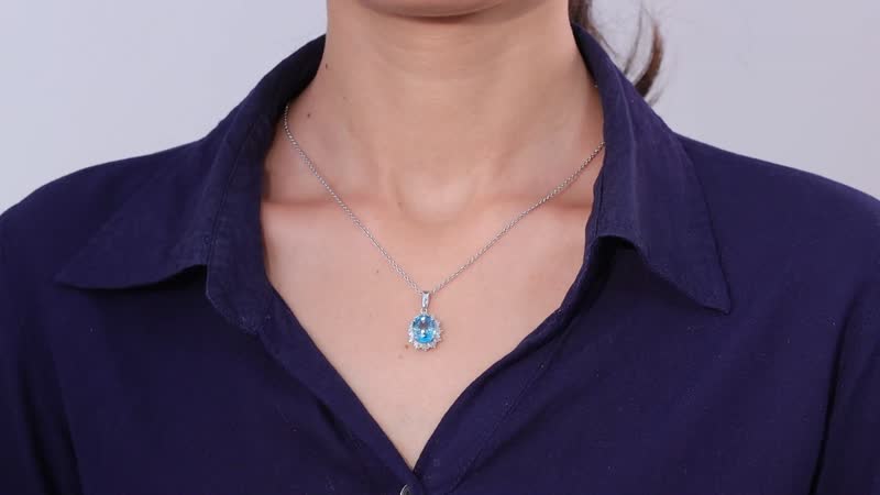 Luxoro 14K White Gold AAA Cambodian Blue Zircon and G-H I2 Diamond Sunburst Pendant without Chain 5.90 ctw