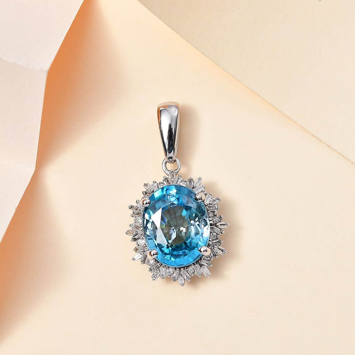 Luxoro 14K White Gold AAA Cambodian Blue Zircon and G-H I2 Diamond Sunburst Pendant 5.90 ctw image number 1