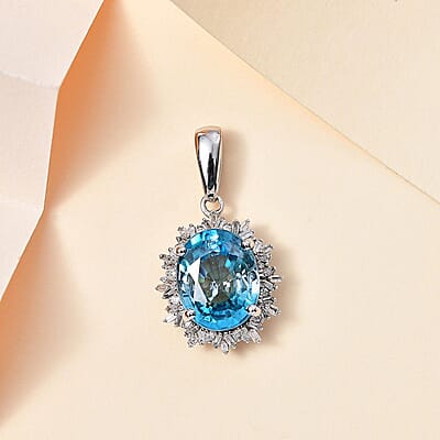 Luxoro 14K White Gold AAA Cambodian Blue Zircon and G-H I2 Diamond Sunburst Pendant without Chain 5.90 ctw