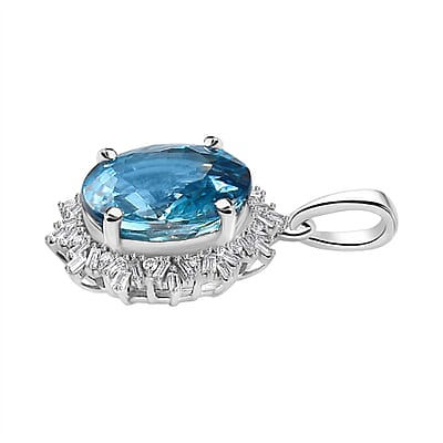 Luxoro 14K White Gold AAA Cambodian Blue Zircon and G-H I2 Diamond Sunburst Pendant without Chain 5.90 ctw