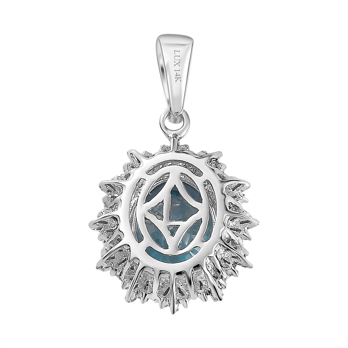 Luxoro 14K White Gold AAA Cambodian Blue Zircon and G-H I2 Diamond Sunburst Pendant without Chain 5.90 ctw
