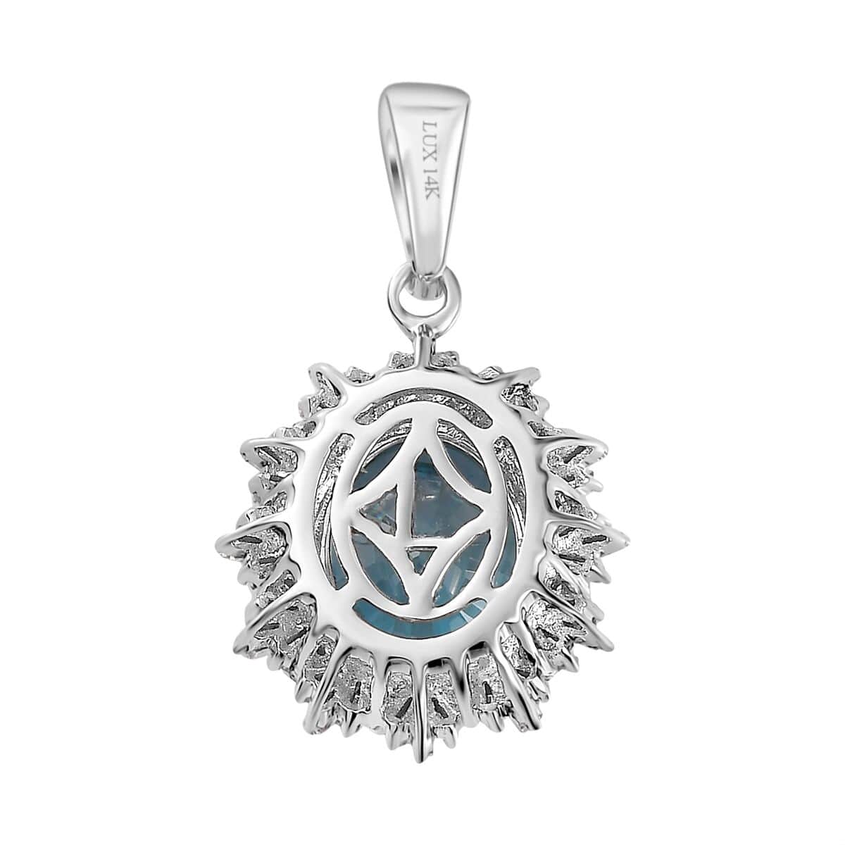 Luxoro 14K White Gold AAA Cambodian Blue Zircon and G-H I2 Diamond Sunburst Pendant 5.90 ctw image number 4