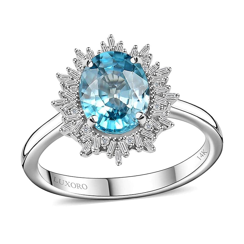 Luxoro 14K White Gold AAA Cambodian Blue Zircon and G-H I2 Diamond Sunburst Ring (Size 6.0) 4.15 Grams 5.90 ctw