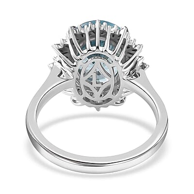 Luxoro 14K White Gold AAA Cambodian Blue Zircon and G-H I2 Diamond Sunburst Ring (Size 6.0) 4.15 Grams 5.90 ctw