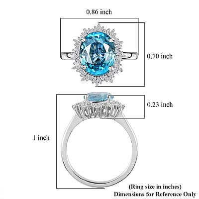 Luxoro 14K White Gold AAA Cambodian Blue Zircon and G-H I2 Diamond Sunburst Ring (Size 6.0) 4.15 Grams 5.90 ctw