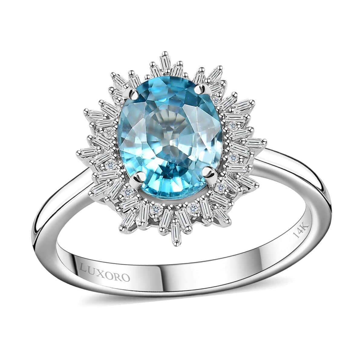 Luxoro 14K White Gold AAA Cambodian Blue Zircon and G-H I2 Diamond Sunburst Ring (Size 7.0) 4.15 Grams 5.90 ctw image number 0