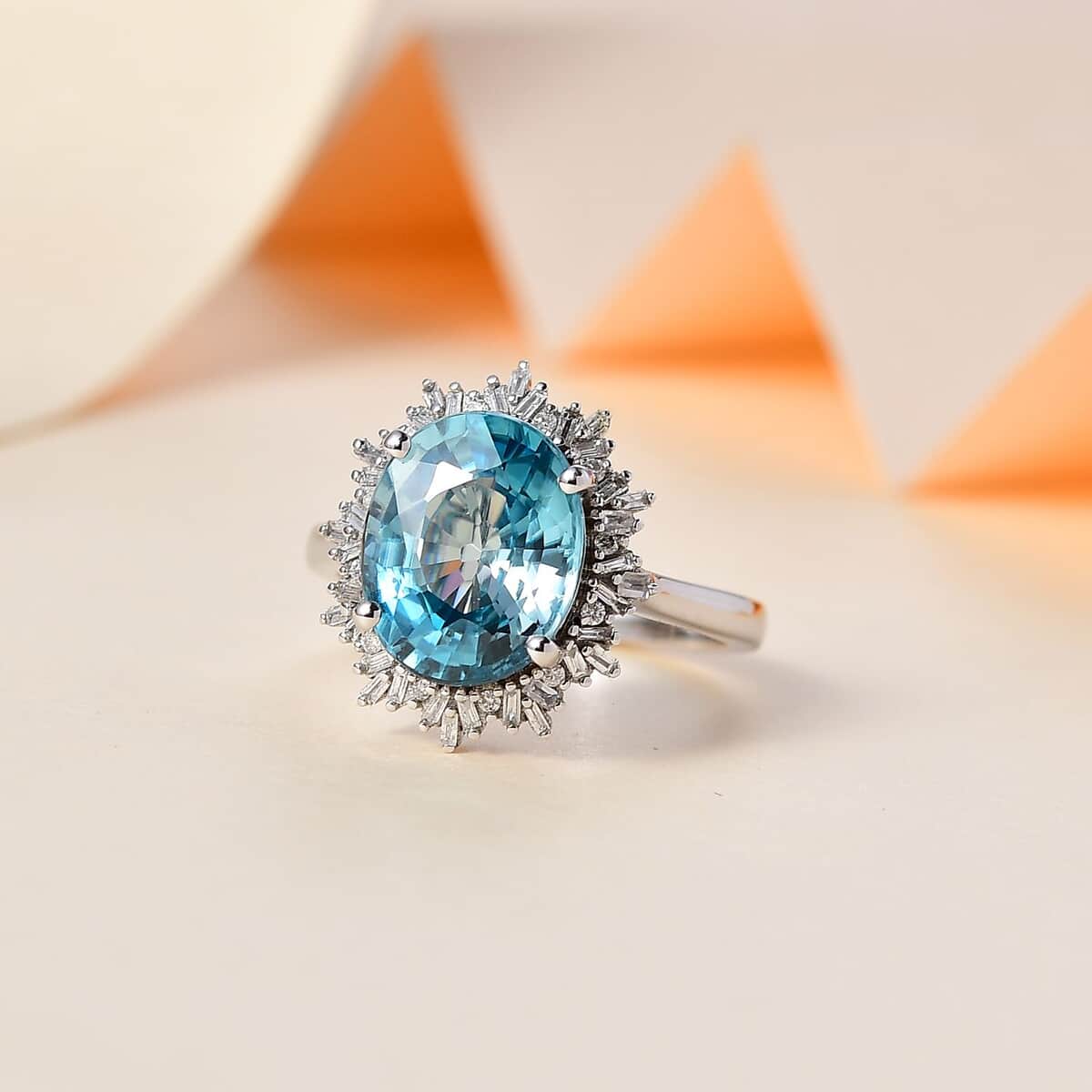 Luxoro 14K White Gold AAA Cambodian Blue Zircon and G-H I2 Diamond Sunburst Ring (Size 9.0) 4.15 Grams 5.90 ctw image number 1