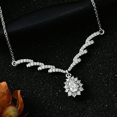 Moissanite Drop Necklace 18-20 Inches in Platinum Over Sterling Silver 1.60 ctw