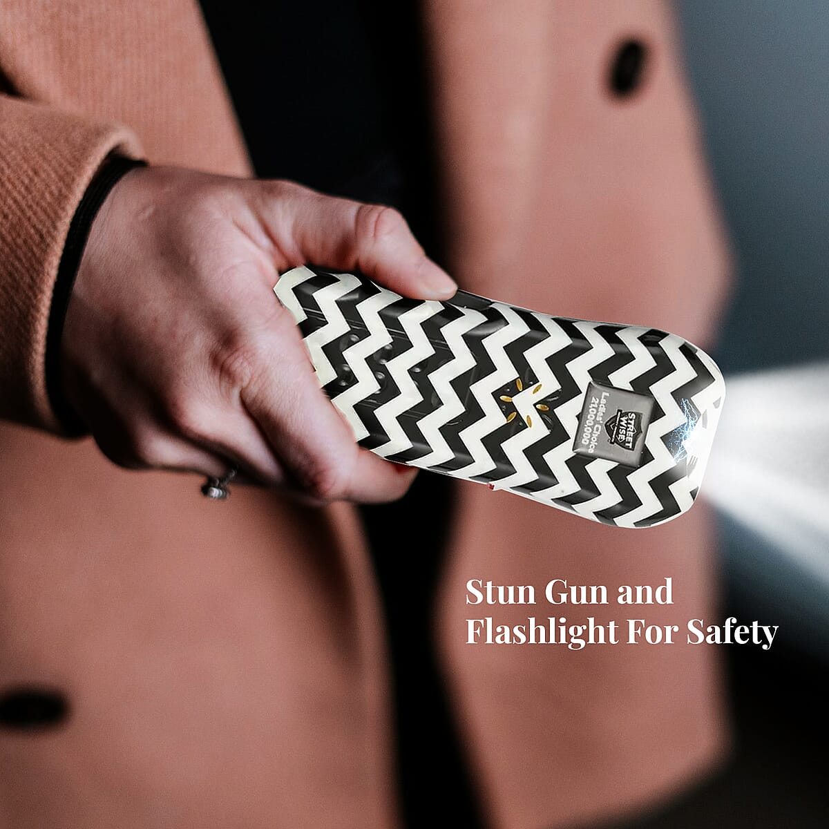 Closeout Streetwise Black and White Chevron Pattern Stun Gun with Flash Light, Alarm and Carry Case (5x1.5) image number 1