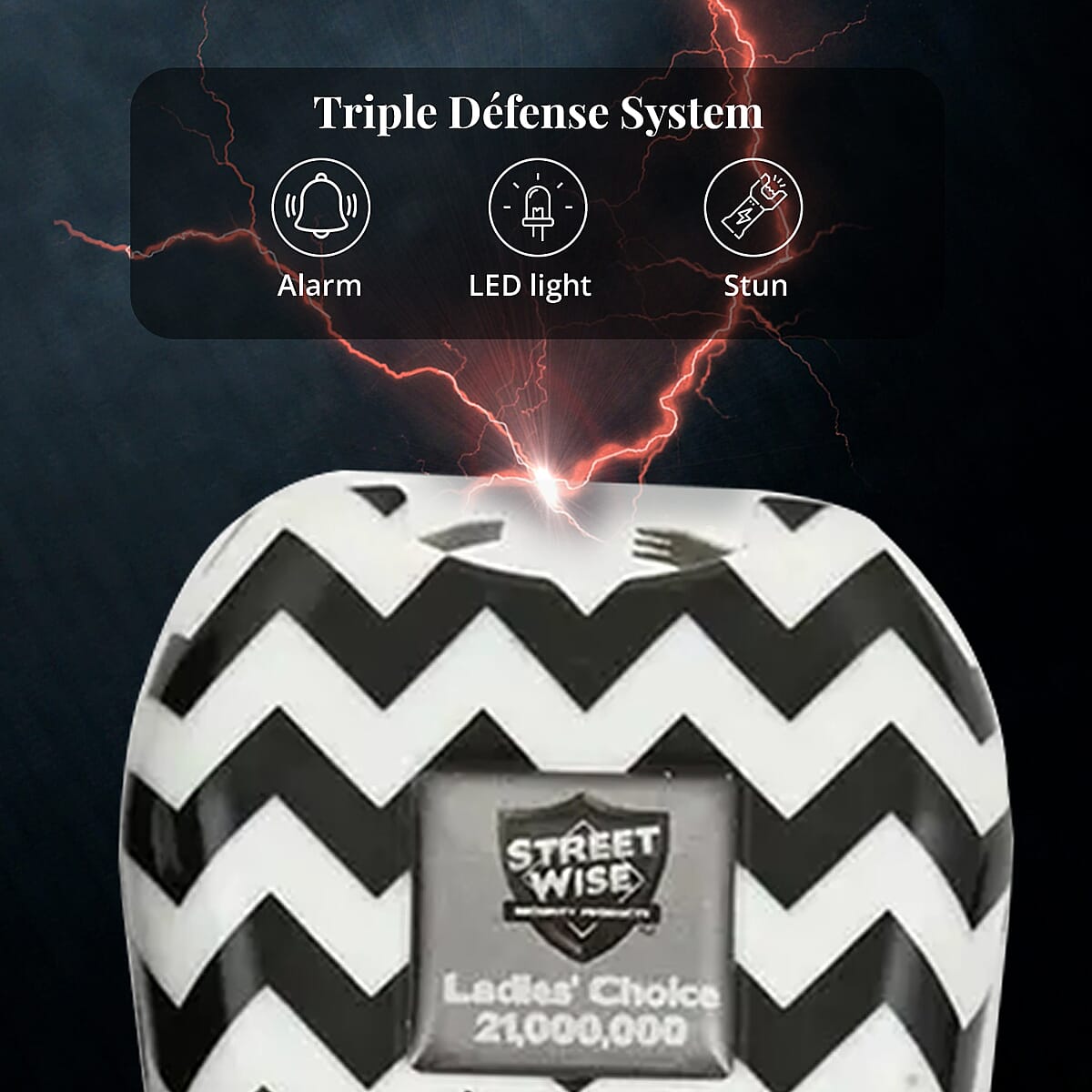 Closeout Streetwise Black and White Chevron Pattern Stun Gun with Flash Light, Alarm and Carry Case (5x1.5) image number 2