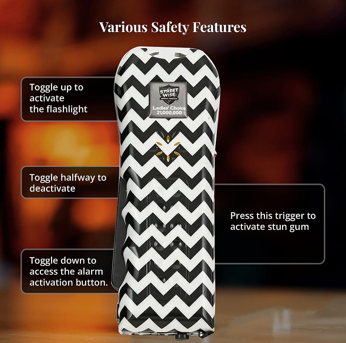 Closeout Streetwise Black and White Chevron Pattern Stun Gun with Flash Light, Alarm and Carry Case (5x1.5) image number 4
