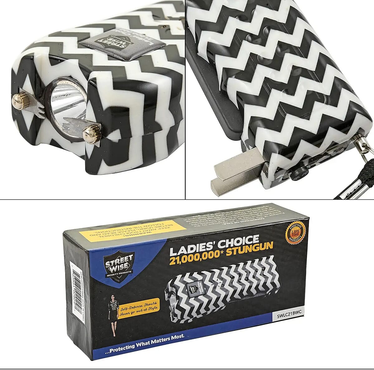 Closeout Streetwise Black and White Chevron Pattern Stun Gun with Flash Light, Alarm and Carry Case (5x1.5) image number 8