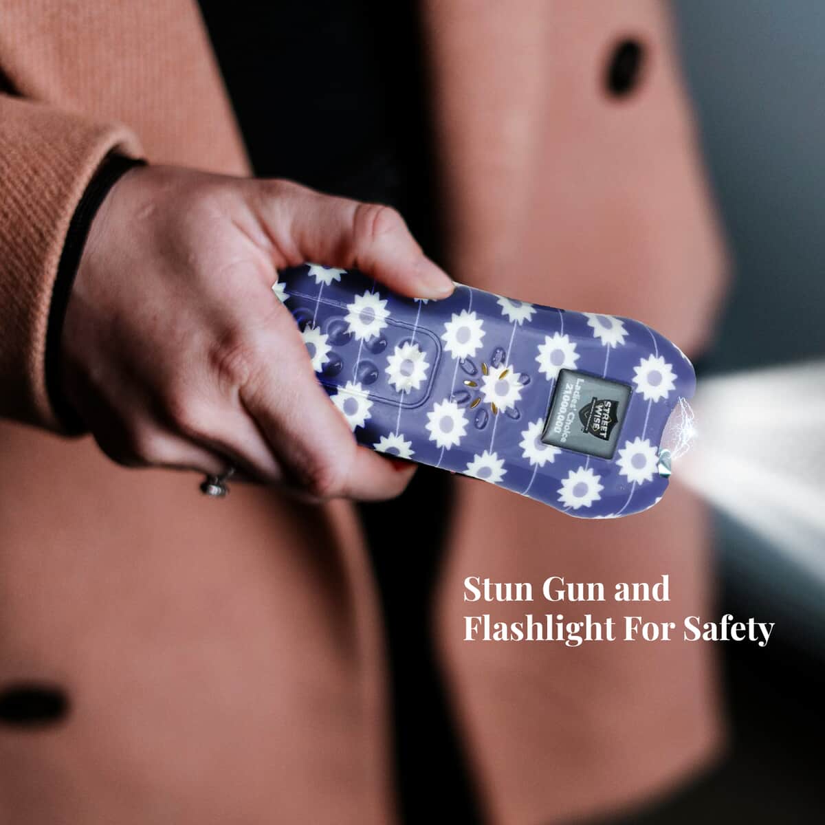 Streetwise Purple and White Floral Pattern Stun Gun with Flash Light, Alarm and Carry Case (5x1.5) image number 1