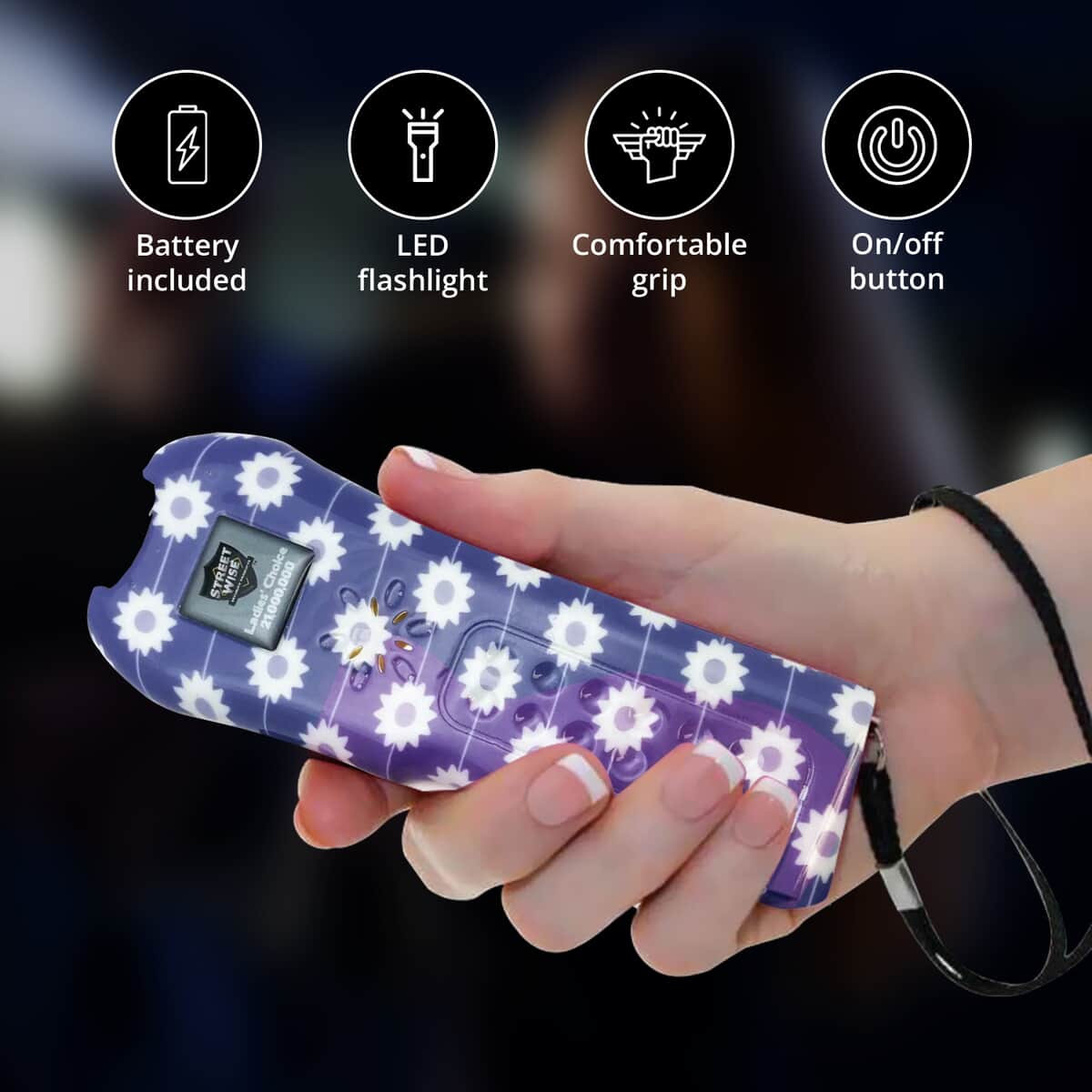 Streetwise Purple and White Floral Pattern Stun Gun with Flash Light, Alarm and Carry Case (5x1.5) image number 3