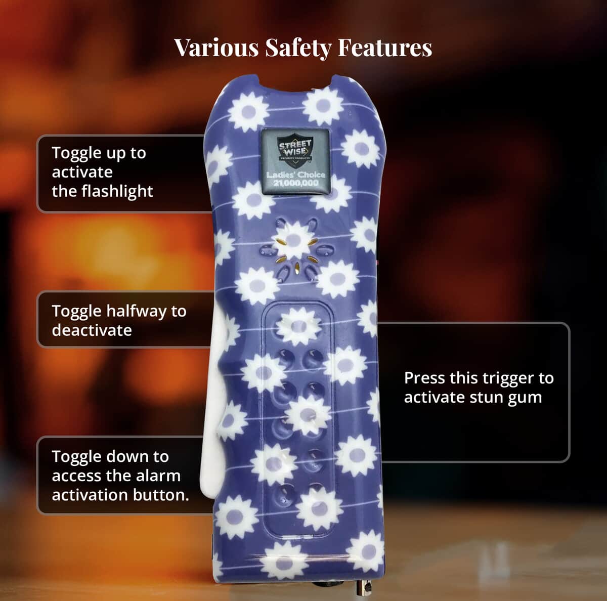 Streetwise Purple and White Floral Pattern Stun Gun with Flash Light, Alarm and Carry Case (5x1.5) image number 4