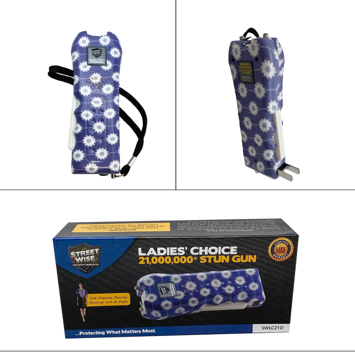 Streetwise Purple and White Floral Pattern Stun Gun with Flash Light, Alarm and Carry Case (5x1.5) image number 8