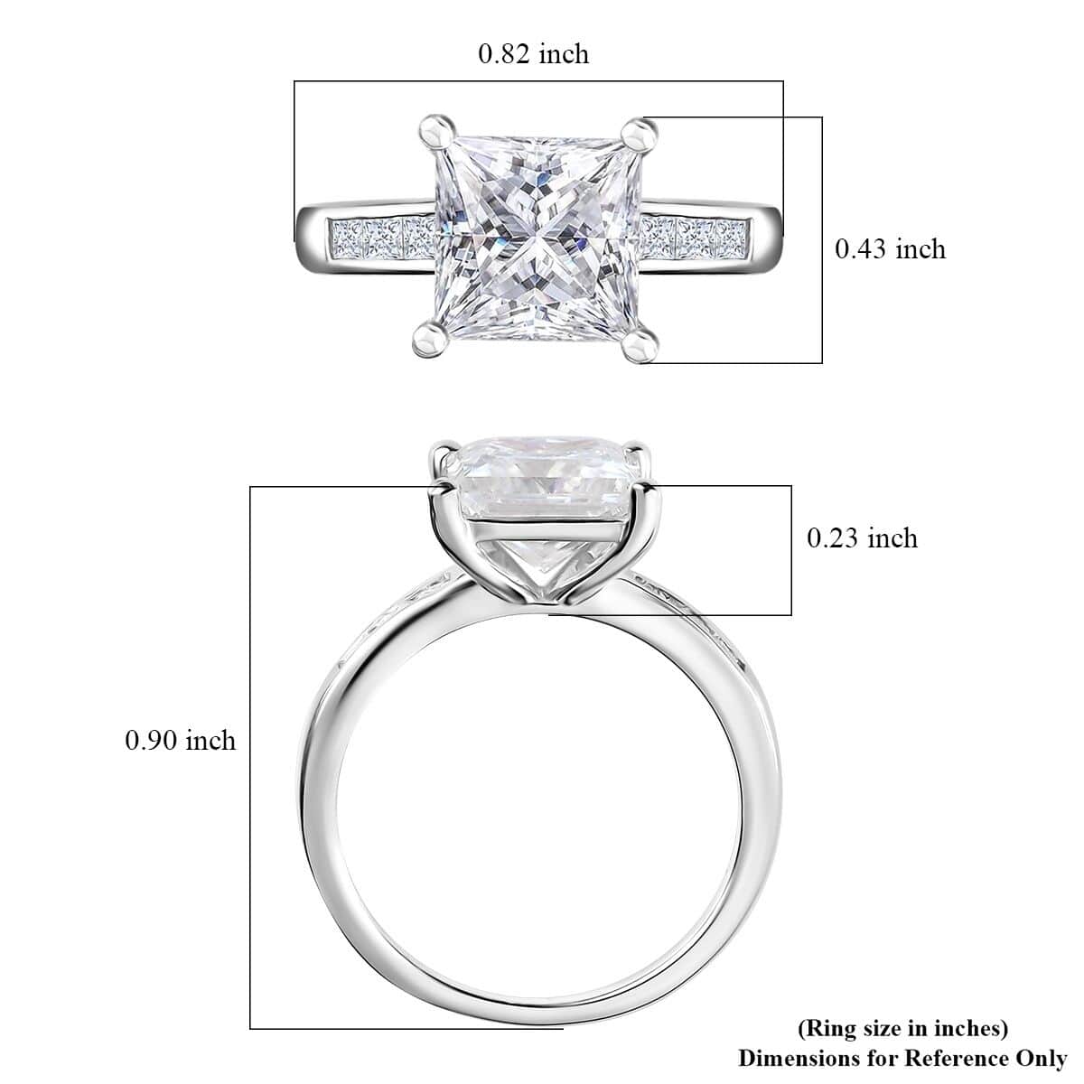 Moissanite (Sqr 8mm) Ring in Platinum Over Sterling Silver (Size 10.0) 3.20 ctw image number 6