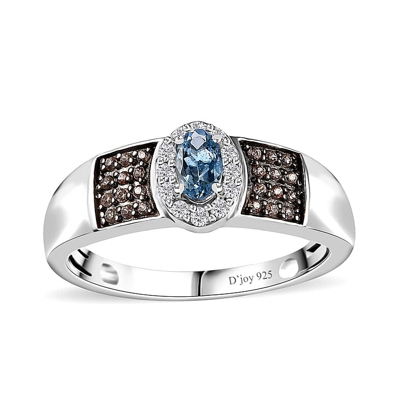 Santa Maria Aquamarine, Brown and White Zircon Ring in Platinum Over Sterling Silver (Size 10.0) 0.50 ctw