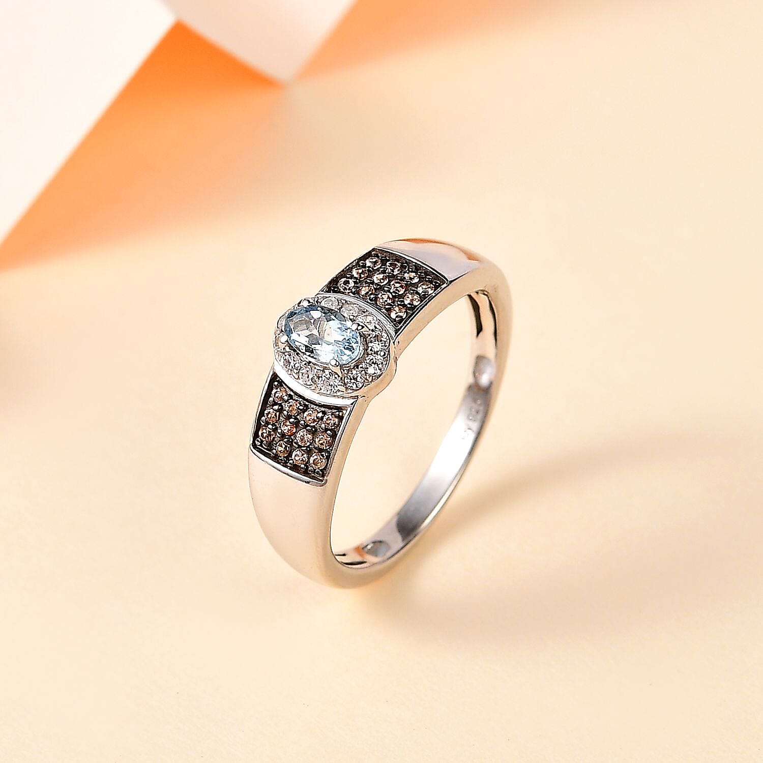 Santa Maria Aquamarine, Brown and White Zircon Ring in Platinum Over Sterling Silver (Size 10.0) 0.50 ctw