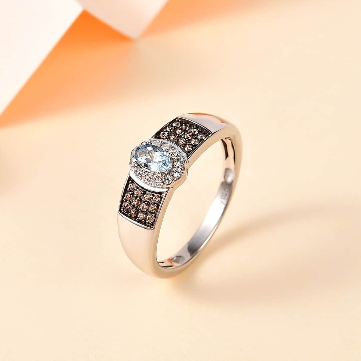 Santa Maria Aquamarine, Brown and White Zircon Ring in Platinum Over Sterling Silver (Size 10.0) 0.50 ctw image number 1